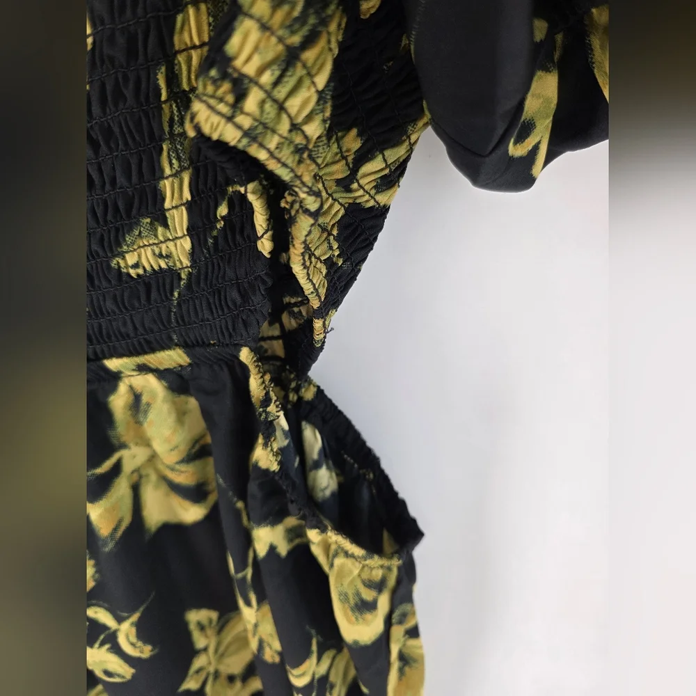 Blush Floral Maxi Dress Puff  Sleeves Smocked Bodice Black Yellow Size XL